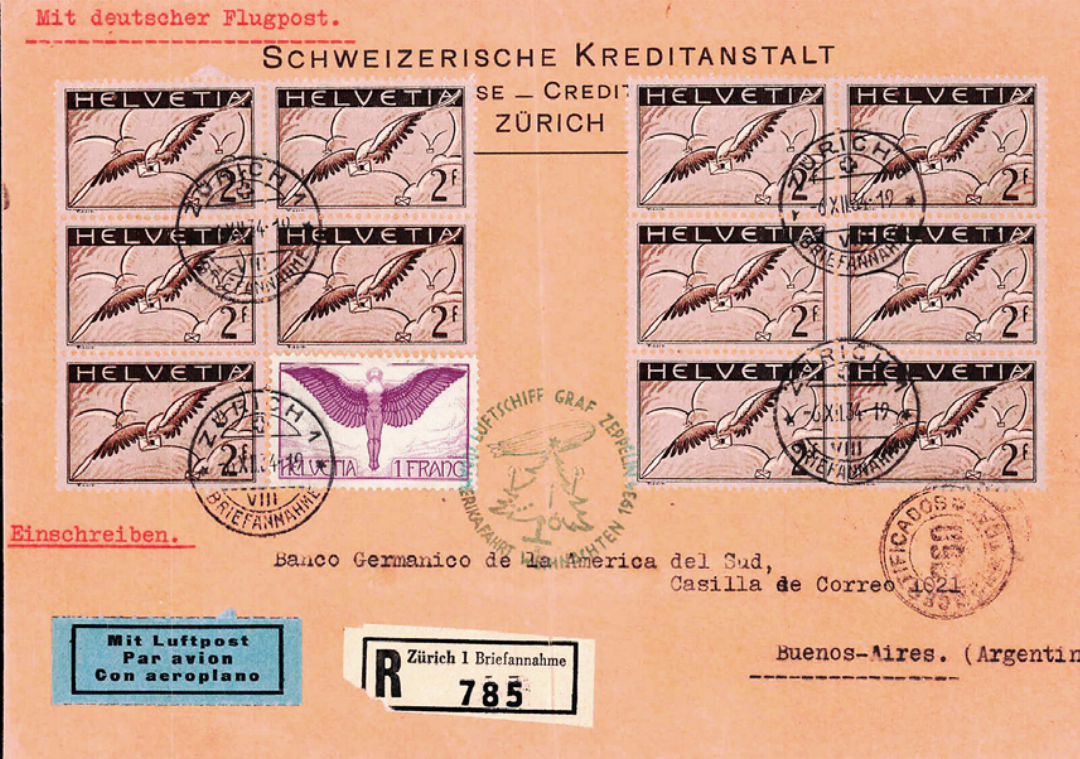 Zeppelinbrief, verschickt 1934 von der Schweizerischen Kreditanstalt; er kann bei der nächsten Auktion ersteigert werden. Einstiegsgebot: 250 Franken. Zeppelinbrief, verschickt 1934 von der Schweizerischen Kreditanstalt; er kann bei der nächsten Auktion ersteigert werden. Einstiegsgebot: 250 Franken.