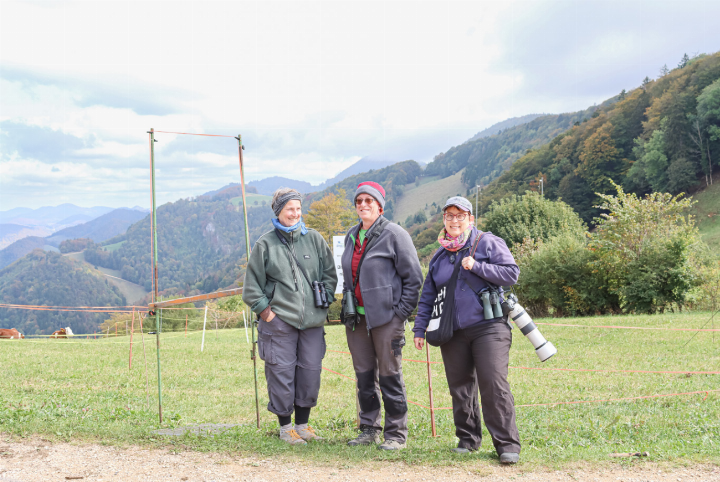 Barbara Ruf, Sara Oakeley und Gabriele Zückert (von links) vor den Fangnetzen auf der Ulmethöchi. Hier wird untersucht, welche Vogelarten in welcher Anzahl nach Süden fliegen und dort den Winter verbringen. Bild Brigitt Buser Barbara Ruf, Sara Oakeley und Gabriele Zückert (von links) vor den Fangnetzen auf der Ulmethöchi. Hier wird untersucht, welche Vogelarten in welcher Anzahl nach Süden fliegen und dort den Winter verbringen. Bild Brigitt Buser