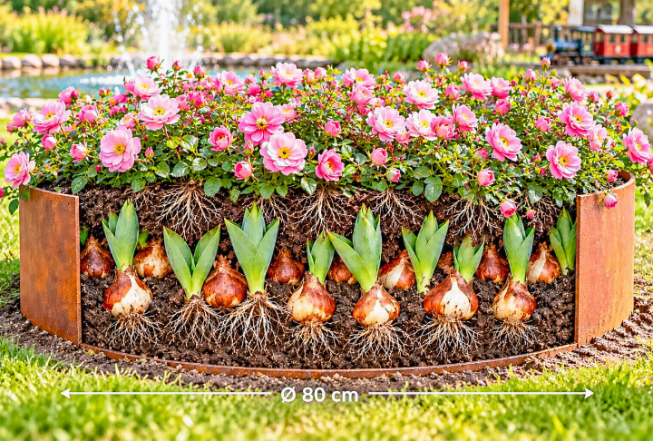 Mit dem Pflanzring von Vivero aus Hölstein lässt sich ein kleines Stück Rasen in eine farbenfrohe Blüteninsel verwandeln.       Bild zvg